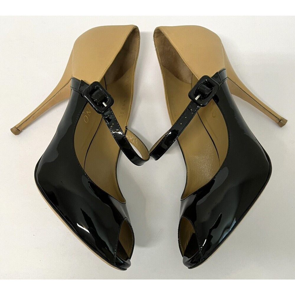 Valentino Garavani Black Patent and Tan Leather Mary Jane Peep-Toe Heels - Picture 12 of 13